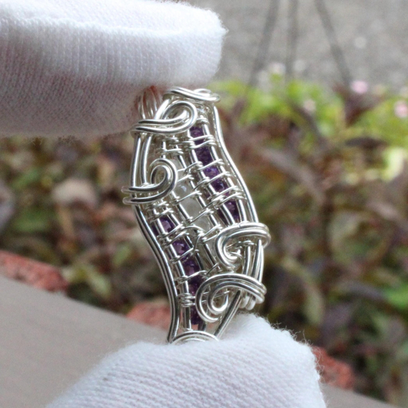 Rainbow Moonstone and Amethyst Pendant – Sterling Silver Wire Wrapped Crystal - Picture 2 of 5